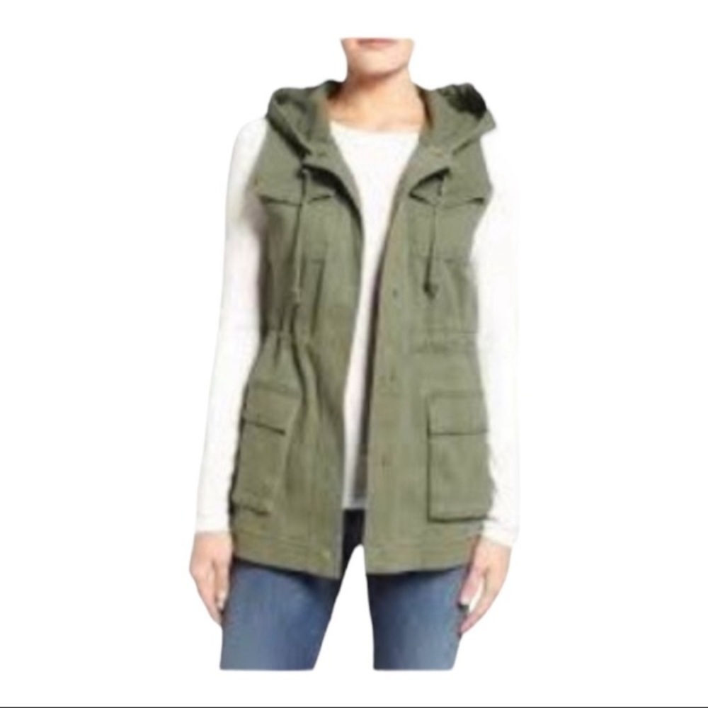 MARTY M Cinched Sleeveless Cotton Hooded Cargo Army Vest XS